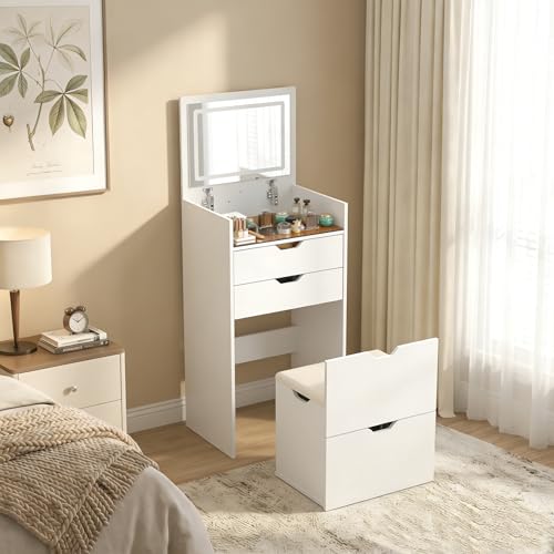 3-in-1 Vanity with Mirror and Lights Compact Vanity Table Flip Vanity White