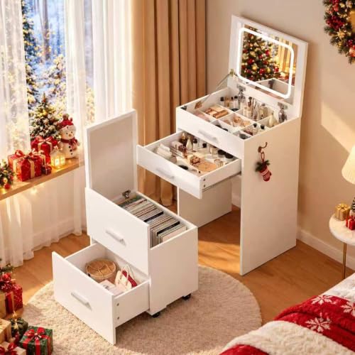 SELOOYE Small Vanity Desk with Lighted Flip-Top Mirror and Stool(White)