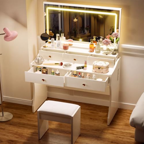 COMHOMA Vanity Desk with LED Lights Mirror & Power Outlet, Small Makeup Vanity Table Set with 5 Storage Drawers