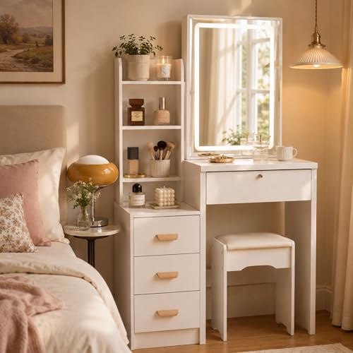 Breevia Small Vanity Desk with Mirror and Led Light, 31.5 Compact Makeup Vanity with Stool
