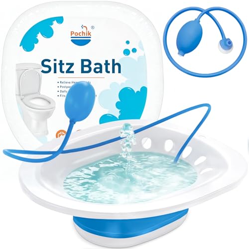 Pochik Sitz Bath for Toilet Seat Hemorrhoids and Postpartum Care, Yoni Steam Seat, Perineal Soaking, Collapsible, Flusher Hose, Drain Holes, Wider Seating Area - Blue