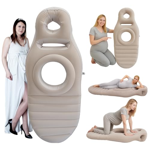 Inflatable Pregnancy Pillow with Belly Hole, Full Body Maternity Air Mattress for Stomach Resting, Adjustable Support for Belly, Back and Hips, Portable Pregnancy Float for Pool and Travel(Khaki)