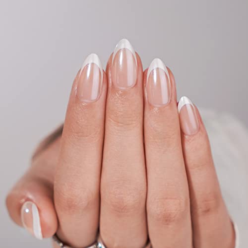 BTArtbox Press On Nails, Short Almond French Tip Nails, 32Pcs Full Kit