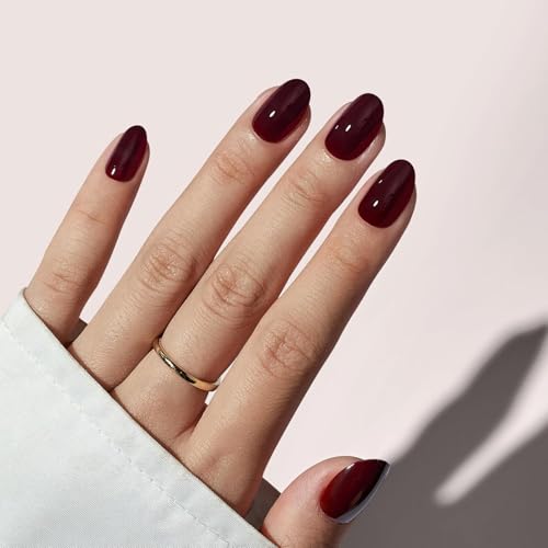 BTArtbox Press On Nails, Short Oval Dark Red Fake Nails, 32Pcs Full Kit