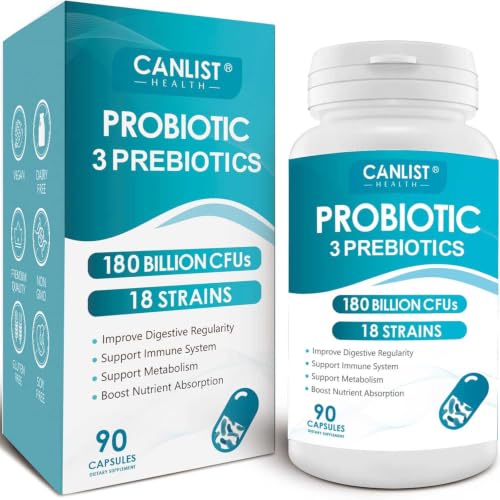 CANLIST Probiotics 180 Billion CFUs 18 Strains, 3 Prebiotics & Digestive Enzymes for Men Women,Digestive & Immune Support,Shelf Stable Non-GMO 90 Capsules
