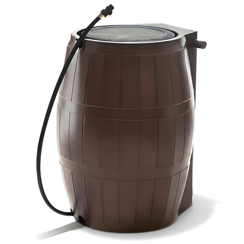 FCMP Outdoor Raincatcher 4000 Rain Barrel, Flat-Back Rainwater Catcher with Spigots, 50 Gallon, Brown - Portable Water Storage Container Tank for Home, Garden, and Backyard