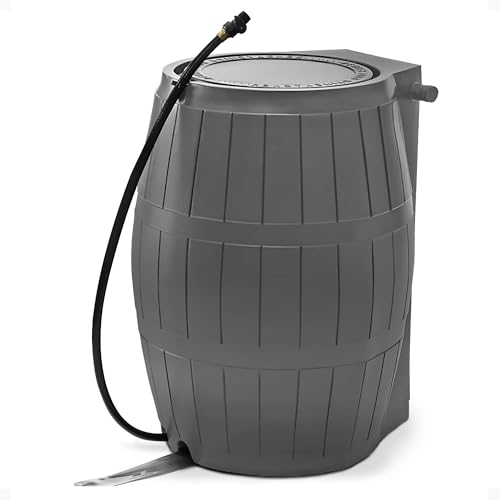 FCMP Outdoor Raincatcher 4000, Flat-Back Rain Water Barrel, 50-Gallon, Gray - Rainwater Collection Storage Container w/Side Spigots, Mesh Screen, Garden and Overflow Hose & Linking Kit