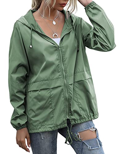 JMinger Women's Waterproof Lightweight Raincoat Hooded Outdoor Hiking Packable Rain Jacket Outdoor Travel Trench Green