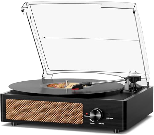 Record Player for Vinyl with 2 Build-in Speakers LP Vinyl Players Belt-Driven Vintage Turntables 3 Speed 3 Size, Wireless Bluetooth Playback, AUX-in, RCA Out, Headphone, Auto Stop