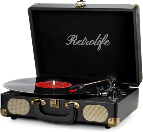 Retrolife Vinyl Record Player 3-Speed Bluetooth Suitcase Portable Belt-Driven Record Player with Built-in Speakers RCA Line Out AUX in Headphone Jack Vintage Turntable,Black