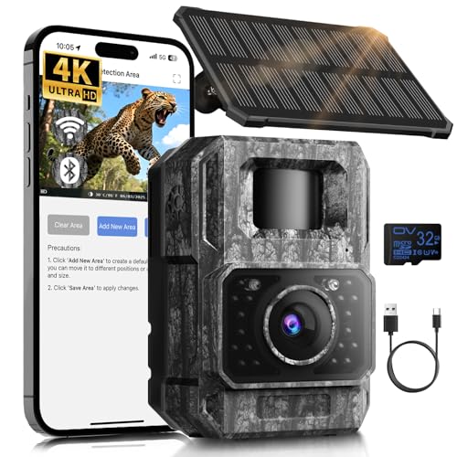 MAXDONE Solar Trail Camera, 4K 64MP WiFi Bluetooth Night Vision Game Camera