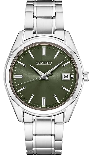 SEIKO SUR527 Quartz Watch for Men - Essentials Collection - Green Dial with Date Calendar, Stainless Steel - 100M Water Resistant