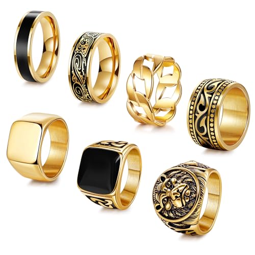 AFSITNIG 7Pcs Stainless Steel Vintage Signet Rings for Men Square Signet Rings Cuban Link Chain Ring Pinky Thumb Celtic Band Spinner Ring Gold Polished Edge Mens Ring Biker Rings Set,Size 11