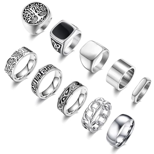 MEDOJO 10 Pcs Men's Stainless Steel Vintage Signet Ring Square Pinky Thumb Chunky Thin Band Ring Vintage Biker Band Rings Set 13