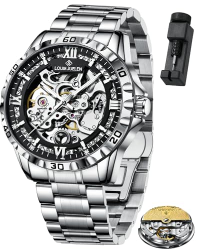 LOUIE JUELEN Men's Skeleton Automatic Mechanical Watches with Self-Winding Movement Silver Stainless Steel Case Black Dial with Luminous Hands Roman Numerals 42mm Waterproof Luxury Dress Analog Wristwatch for Men, No Battery Needed