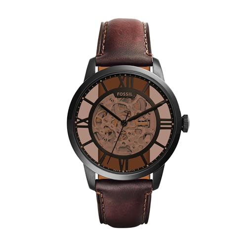 Fossil Men's Watch, Townsman Automatic Stainless Steel and Leather Three-Hand Skeleton Watch for Men, Color: Black, Cognac
