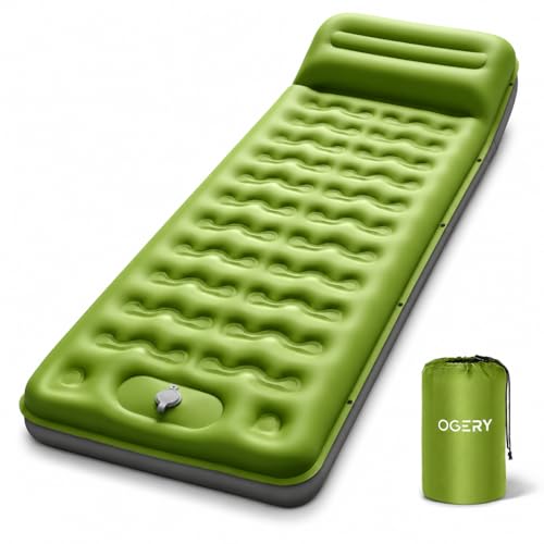 OGERY Sleeping Pad, Ultralight Inflating Sleeping Pad for Camping with Pillow Built-in Foot Pump, 6" Extra-Thick Reinforced Camping Pad for Hiking, Backpacking, Tent, Single,Green
