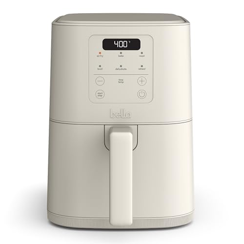bella 4Qt Slim Air Fryer, Fits-anywhere™ Kitchenware, EverGood™ Ceramic Nonstick Coating, Adjustable Temperature, 6 Preset Cooking Options, 60 Min Auto Shutoff w Audible Tone, 3.3lb Capacity, Oatmilk