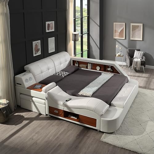Multifunctional King Size Bed Frame, modernes luxuriöses Smart Bed mit Massage-Liegesitz/Musiklautsprecher/USB-Port/Stauraumschubladen, verstellbares, mit Leder gepolstertes Kopfteil, Weiß