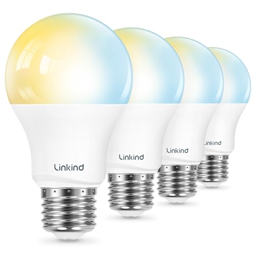 Linkind Smart Light Bulbs, Warm White to Daylight (2700K-6500K), Alexa Light Bulbs, Work with Alexa, Google Home, AiDot, 60W Equiv, Efficient 8.5W, 2.4G WiFi Bluetooth LED CRI>90, A19 E26 800LM, 4Pack