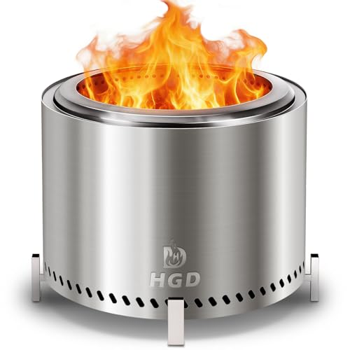 HGD 20 Inch Smokeless Fire Pit with Stand, Stainless Steel Wood Burning Stove, Outdoor Firepit with Removable Ash Pan for Backyard, Patio, Garden, BBQ and Bonfire, Silver