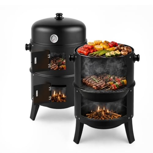VINGLI 18 Inch Multi-Layer Charcoal BBQ Smoker Grill, Heavy Duty Round Grill, Vertical Smoker with Thermometer, for Outdoor Cooking, Patio, Parties, Backyard