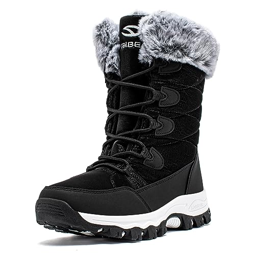 HOBIBEAR Women's Waterproof Winter Snow Boots Lightweight Warm Faux Fur Lined Mid-Calf Booties（Black/New,8