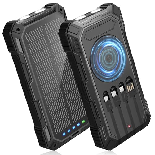 BLASOUL Solar Power Bank,49800mAh Wireless Portable Phone Charger with 4 Built-in Cables,22.5W Fast Charging USB-C in/Output External Battery Pack for iPhone,Android,Perfect for Hiking/Camping