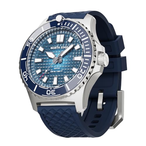 NORTH EDGE Abyss Solar Dive Watch for Men, 200M Water Resistant, Blue | 200M water resistance, solar power, ceramic bezel, 316L stainless steel case and luminous ice-textured dial.
