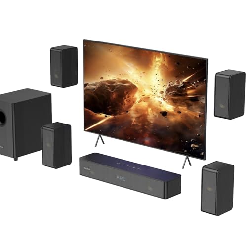 Wooden 5.1.2 Sound Bar for Smart TV, 4 Wired Surround Speakers, Virtual Surround Sound, Soundbar with 5.25'' Subwoofer, Home Theater Sound System for Small Room, with ARC/Opt/BT/AUX, HiPulse N512