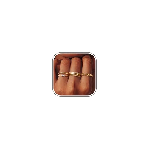 FIBO STEEL 14K Gold Plated Rings for Women Stackable Ring Set, Size 7, 6PCS
