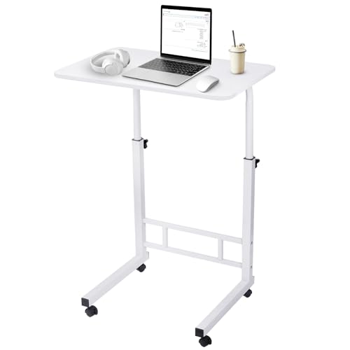 Senrob Adjustable Height Standing Desk with a Phone Holder, Rolling Stand Up Desk, Small Mobile Computer Desk, Portable Desk with Wheels, for Home Workspace, Remote Study, Stable Anti Wobble, White