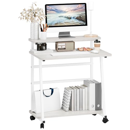 3 Tiers Rolling Computer Desk on Wheels, 80x50cm Small Computer Desk for Small Space, Work Office Desks with Monitor Stand, Student Writing Desks with Lockable Wheels (White)