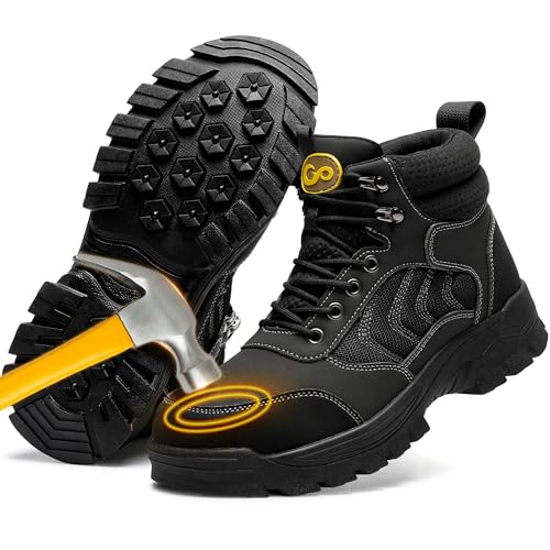 HARENCE Mens Steel Toe Work Boots Comfortable Slip Resistant Safety Boot Durable Waterproof Lightweight Construction Shoes