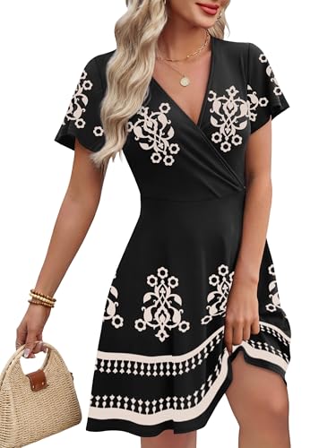 Summer Dresses for Women Floral Sundresses Babydoll Dress Black Print L