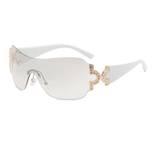 One Piece UV400 Anti Ultraviolet Sunglasses Rimless Futuristic Wrap Around Sunglasses Metal Diamond Sunglasses (White Frame Light Mercury)