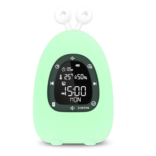 JAMYOK Sunrise Alarm Clock Wake Up Light, White Noise Sound Machine with 20 Soothing Sounds, 10 Night Lights, Wireless Speaker/Temp & Humidity/Rechargeable, Dimmable Clock Gift for Baby Kids Adults