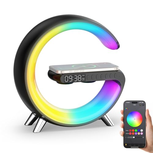 Smiling Shark Wake Up Light, Wireless Charger Atmosphere Desk Light with Bluetooth Speaker White Noise App Control Dimmable Sunrise & Sunset Simulation Dual Alarm Clock Smart Light for Home Decor