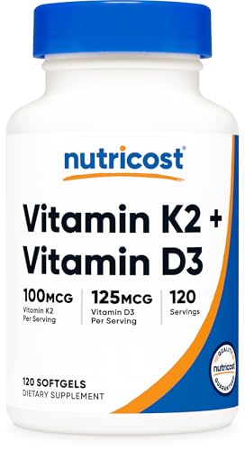 Nutricost Vitamin D3 + K2 (5000 IU D3 / 100mcg MK7) 120 Softgels, GMO-Free