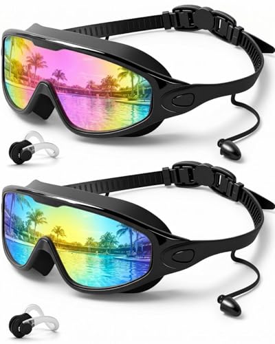Swim Goggles 2 Pack, Wide View Anti Fog&UV Swimming Goggles for Audlt, No Leaking Swim Glasses for Men Women Youth