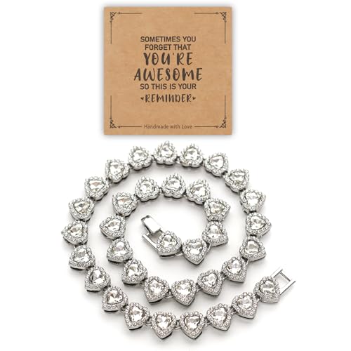 fasone Rhinestone hearts necklace, Iced Out Hearts Jewelry，Silver tennis necklace for women，Hearts tennis necklaces