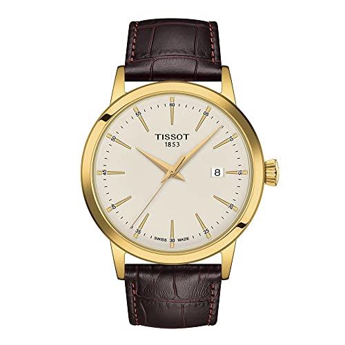 Tissot Mens Classic Dream 316L Stainless Steel case with Yellow Gold PVD Coating Quartz Watch, Brown, Leather, 22 (T1294103626100)