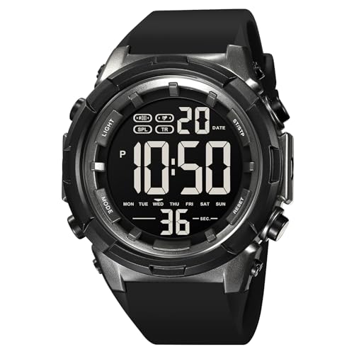 XCZAP Large Dial Stopwatch Mens Watches LED Light Digital Wristwatches 5Bar Waterproof Countdown Clock (Titanium)