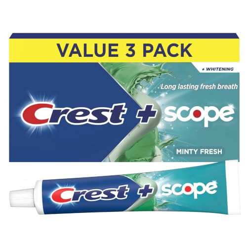 Crest + Scope Whitening Toothpaste - Pack of 3, 5.4 Oz Tubes - Anticavity Fluoride Toothpaste, Fresh Breath, Kills Germs - Tartar Protection, Enamel Protection - Minty Fresh Flavor