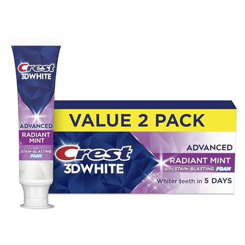 Crest 3D White Advanced Toothpaste, Radiant Mint, 3.3 oz (Pack of 2), Whiter Teeth in 5 Days, Enamel Safe Fluoride Anticavity Toothpaste for Stain Removal and Prevention