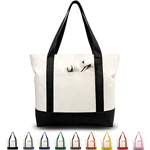 TOPDesign 1 | 3 | 6 | 30 Pack Canvas Tote Bag with an External Pocket, Reusable Grocery Shopping Bag, Top Zipper Closure, Daily Essentials (Black/Natural Pack of 1)