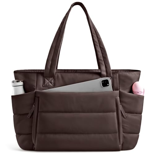 Tote Bag for Women with Zipper, Quilted Puffer Tote Bag with Compartments, Lightweight Puffy Work Bags for Women Travel (Dark Brown)