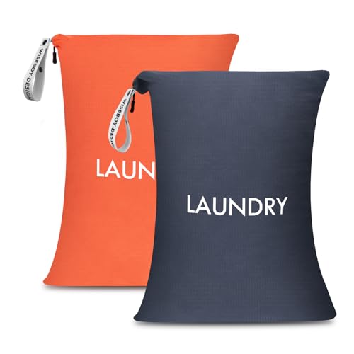 WiseBoy 2 Pack Travel Laundry Bags for Dirty Clothes, Water-Resistant Nylon Wet Dry Bag with Zipper, Odor-Proof Washable Pouch for Gym, Swimming, College Dorm & Suitcase Organization