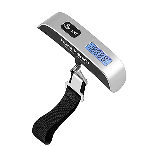 travel inspira Luggage Scale Digital Suitcase Weight Scale for Travel | Blue Backlight, Rubber Paint Handle, Tare & Data Lock, Auto-Off, Battery Included, 110 Pounds, Travel Essentials