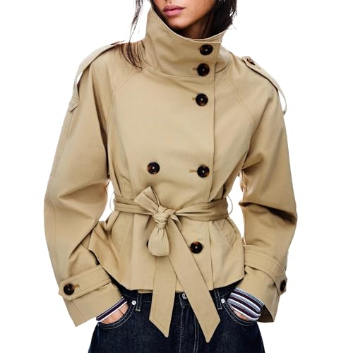 Maohao Women's Cropped Trench Coat Double Breasted Short Jacket High Collar Fall Winter Coats Trendy Outfit with Belt(Khaki,M)